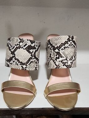 Shoe Dazzle Gold and Snake-Print Open Toe Block Heel Mules